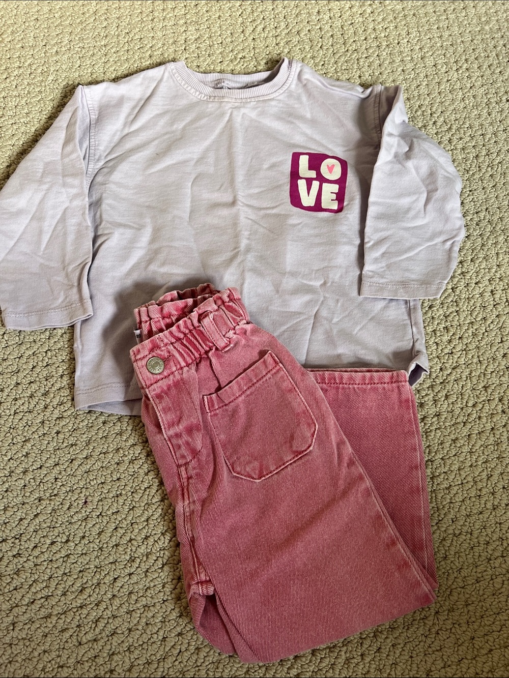 Zara Lilac Long-Sleeve Top with Pink LOVE Graphic and Pink Pants